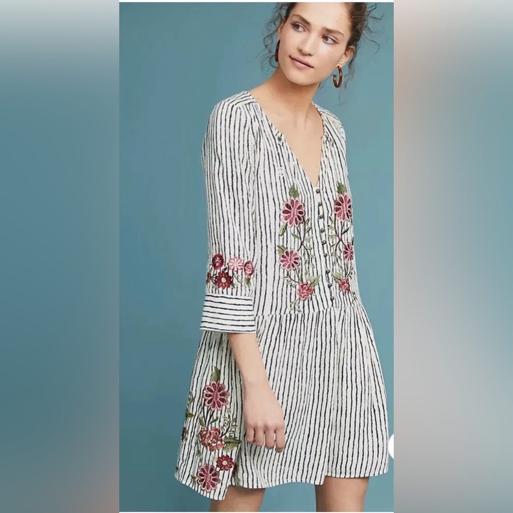 Anthropologie Akemi + Kin Pansy Embroidered‎  Dress Striped 3/4 sleeves